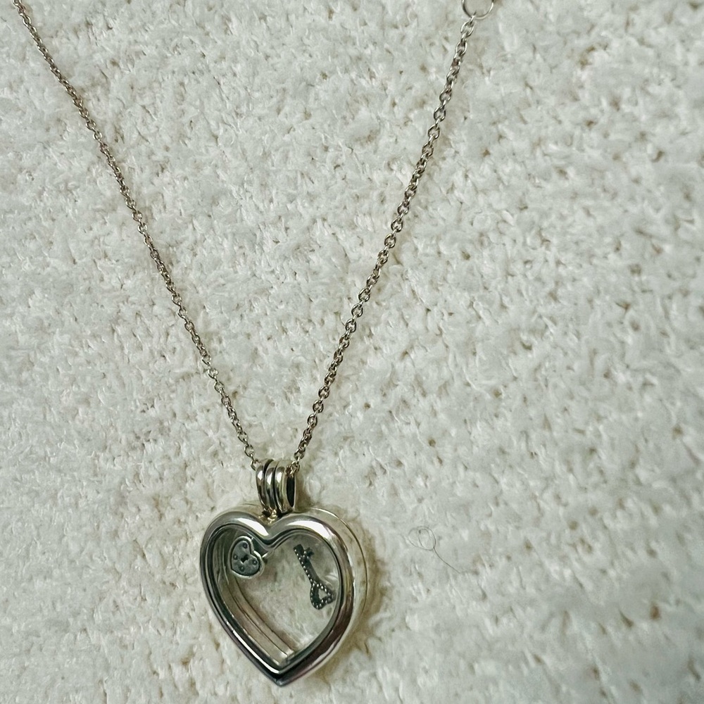 Pandora Retired glass heart locket necklace with box 925 Silver